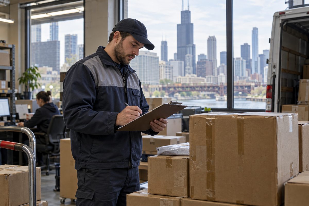 Courier Ivan Petrov verifying address documentation and package manifests in Chicago.
