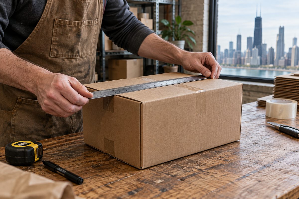 Precise dimensional measurement of a shipping carton using a steel ruler.