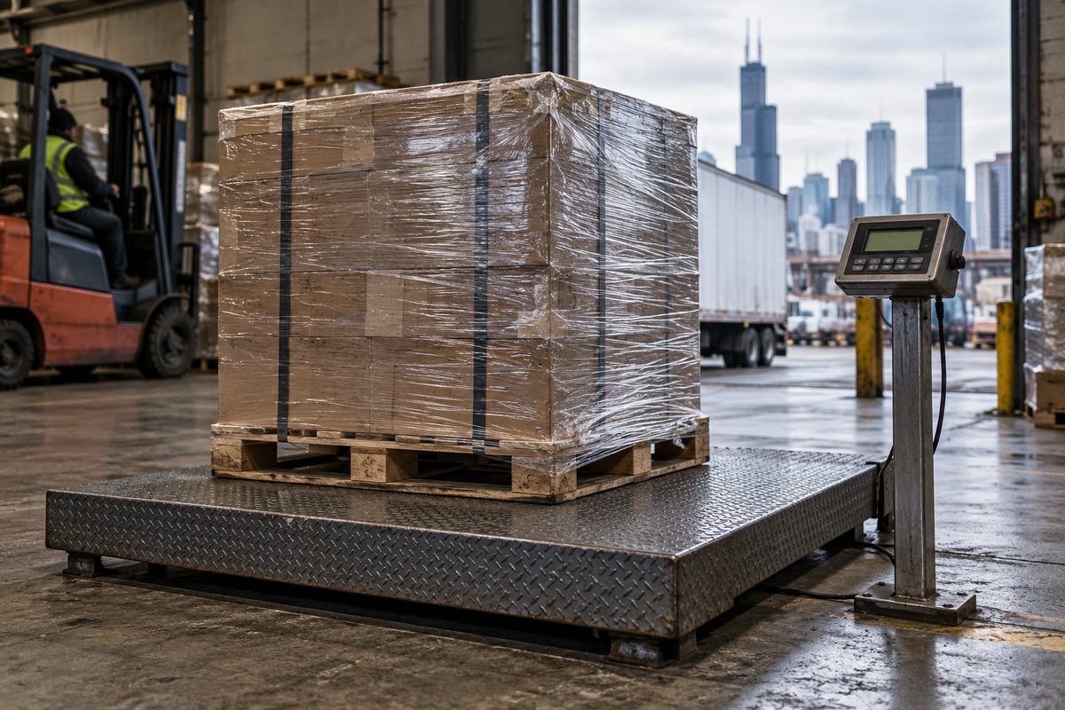 Industrial floor scale and digital readout terminal weighing freight pallet cargo.